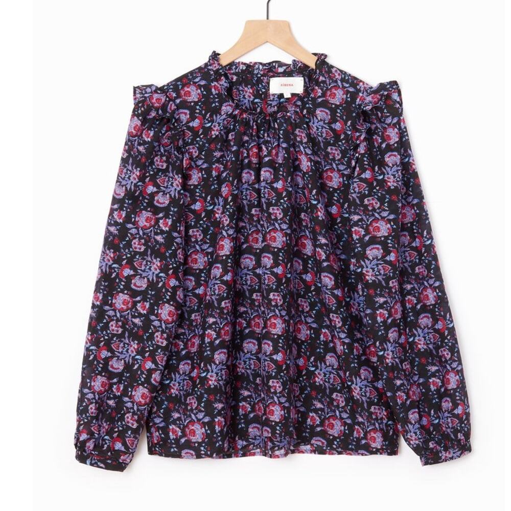 XiRENA Lanie Floral Ruffle Silk Blend Top Blouse Black Sz Lrg Feminine Romantic